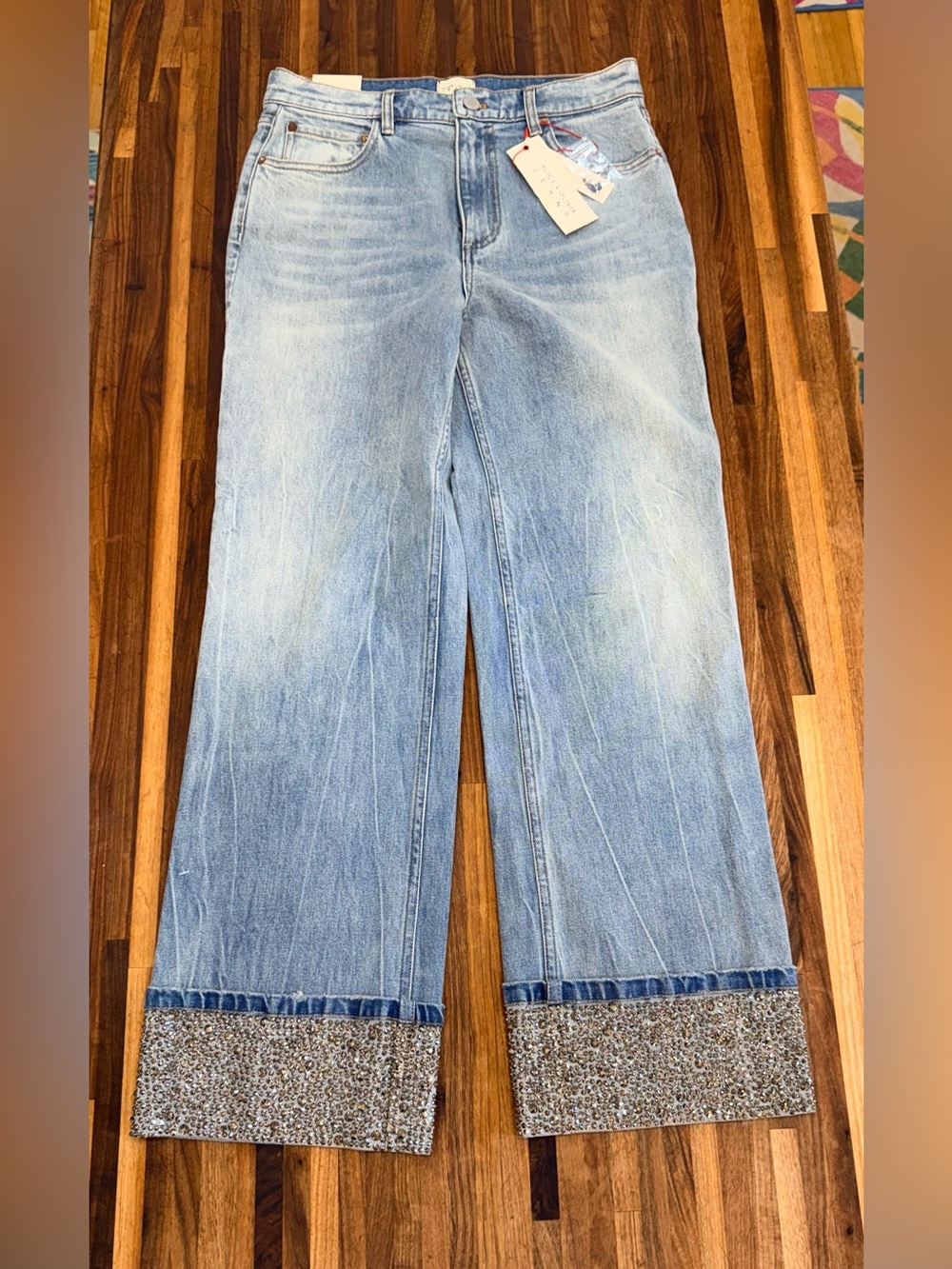 NWT - Alice + Olivia High Rise Embellished Straight Jeans Weezy in Brooklyn Blue - Picture 1 of 16